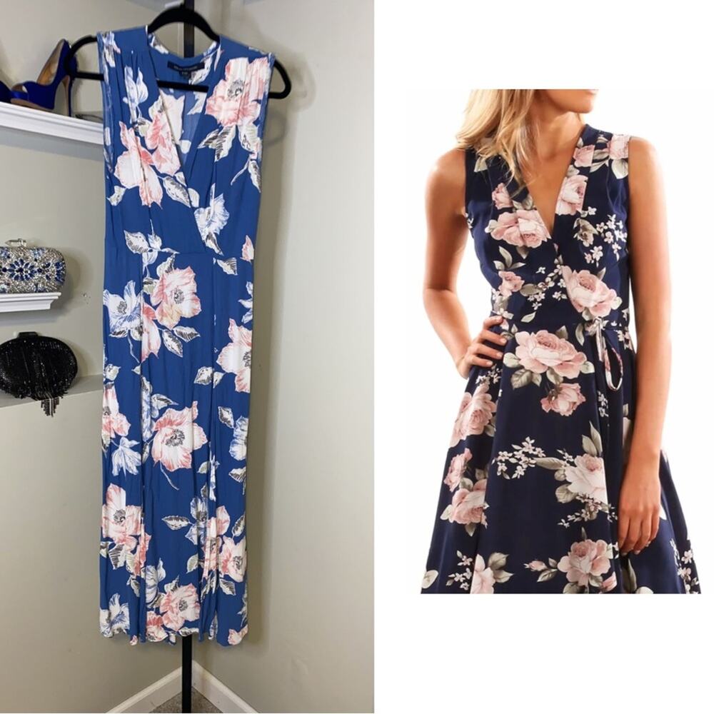 French connection blue flower dress v neck - Picture 1 of 8